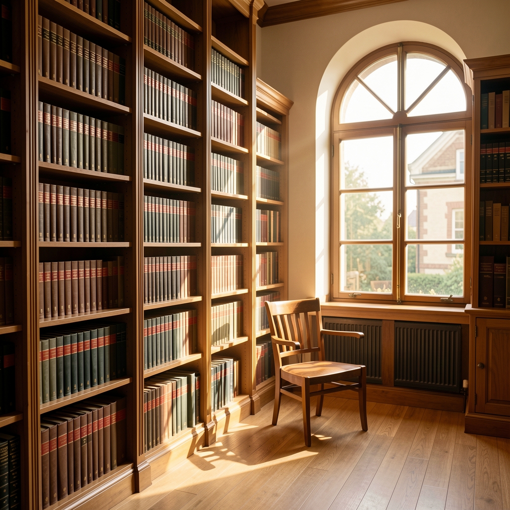 Quiet academic reading room with tall wooden bookshelves lined with neatly arranged reference volumes, a single wooden chair beside a large arched window through which warm afternoon sunlight streams in diagonally