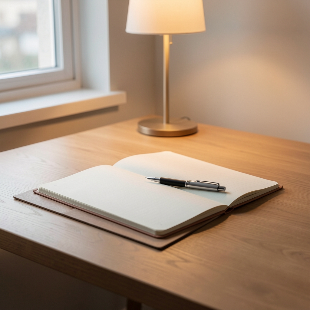 Calm minimalist wooden writing desk with an open notebook, a fine-tipped pen resting on the page, and soft warm lamp light from a nearby window creating a focused and quiet workspace atmosphere