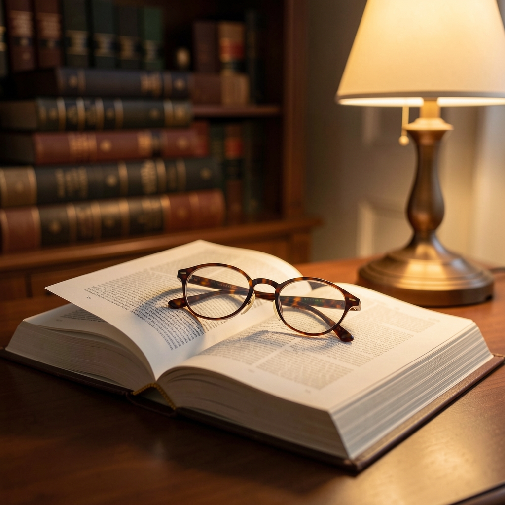 Open hardcover reference book with reading glasses resting on a printed page, surrounded by warm ambient lamplight and a softly blurred background of stacked academic volumes on shelves