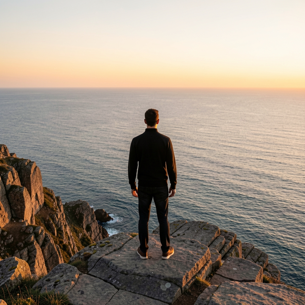Man standing alone on a rocky coastal cliff overlooking a vast calm ocean at golden hour, warm cinematic light illuminating the silhouette against a soft sunset sky