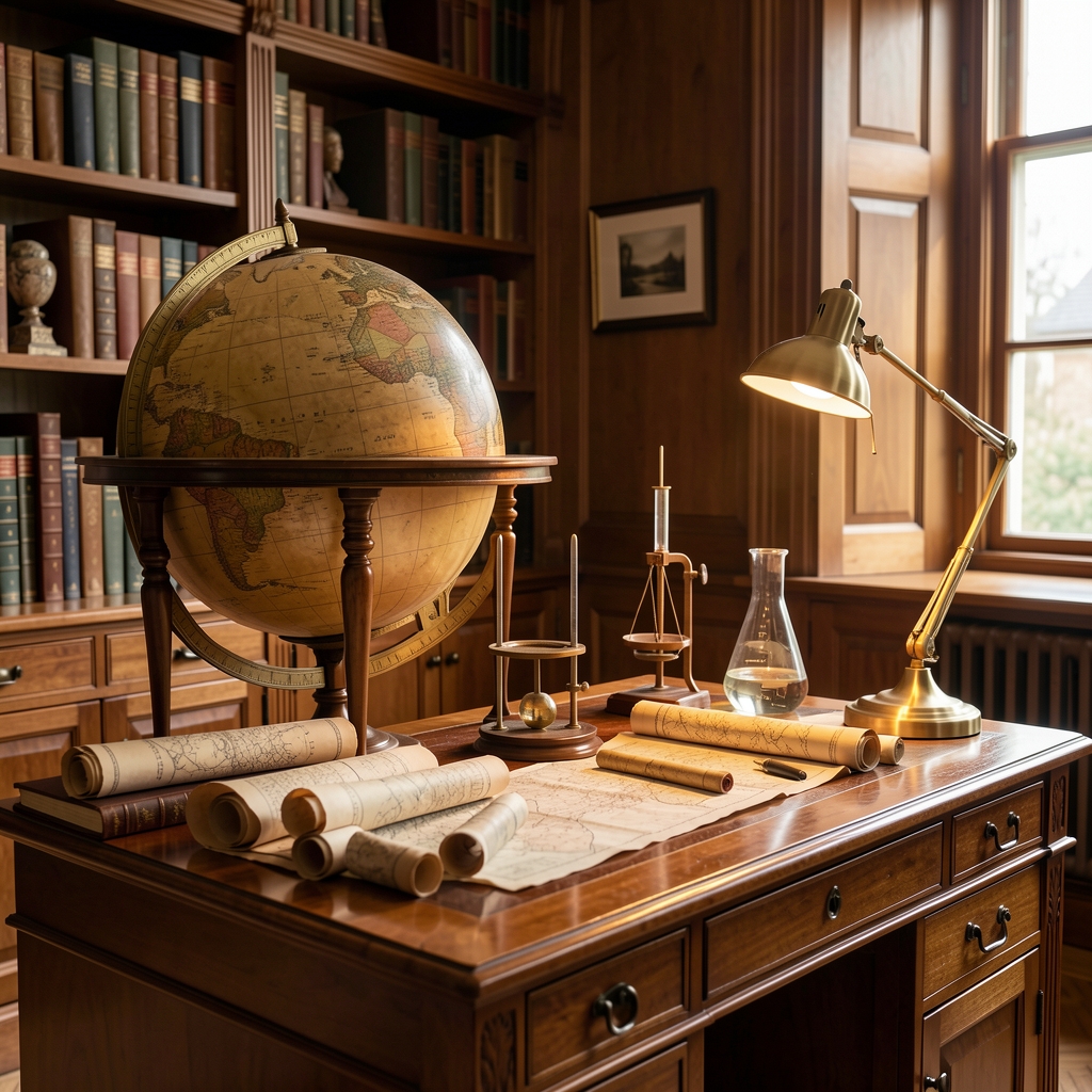 Historical study room interior featuring a large antique globe, rolled maps and scientific instruments arranged on a polished mahogany desk under a warm directional brass desk lamp