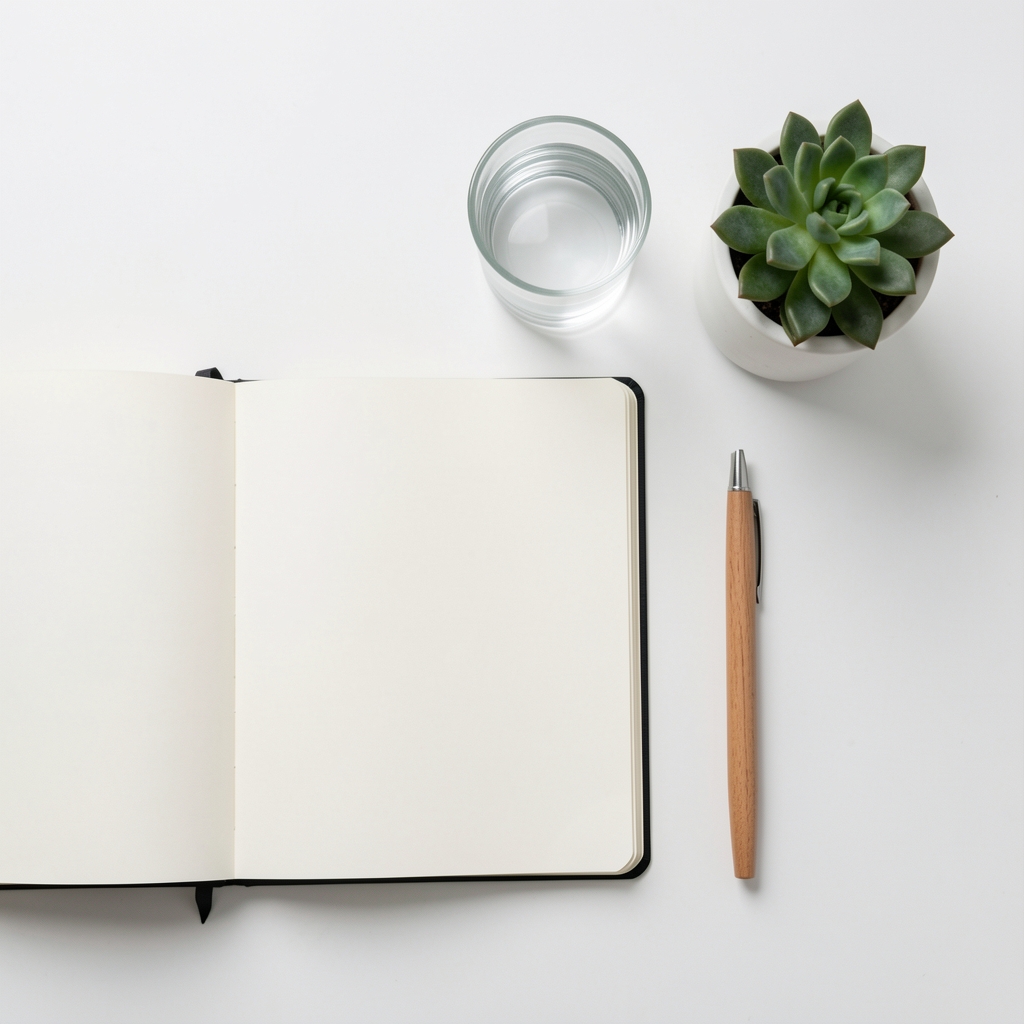 Overhead flat lay view of minimal balanced lifestyle elements including an open journal, a glass of water, a small potted succulent plant, and a wooden pen arranged neatly on a clean white desk