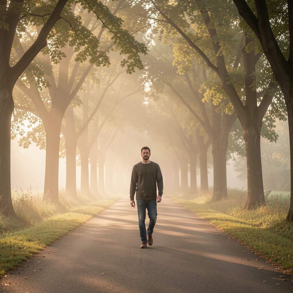 Man walking alone on a wide tree-lined path in soft early morning mist, a serene natural environment with diffused warm light filtering gently through the tree canopy above