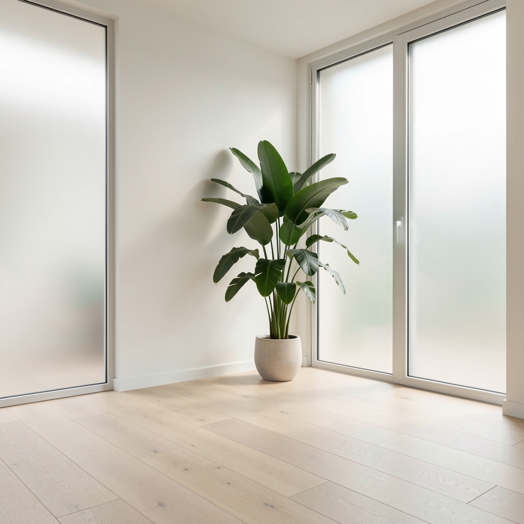 Minimalist modern interior with natural light-colored wooden flooring, a large green tropical indoor plant in the corner, and soft diffused natural light entering through clean frosted glass windows