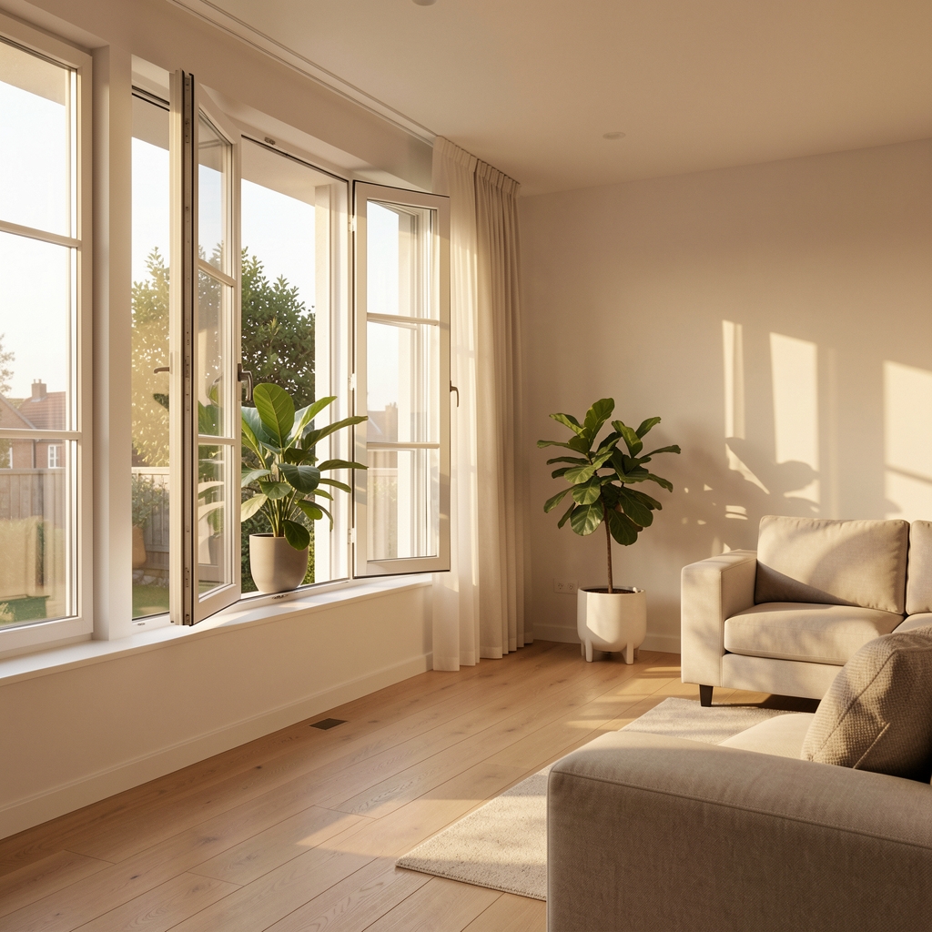 Peaceful modern living space with large open windows allowing warm morning sunlight to illuminate a clean interior, a green houseplant visible on the windowsill